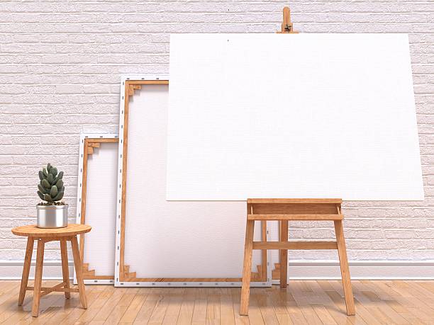 Mock up canvas frame with plant, easel, floor and wall