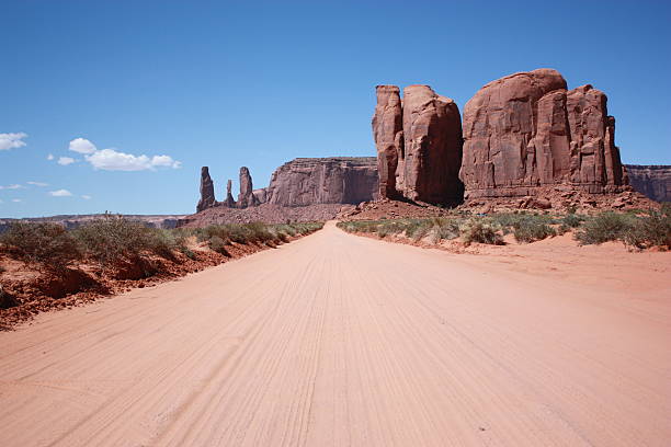 istock Valley road between Camel Butte and Three Sisters, Monument Valley 500482070