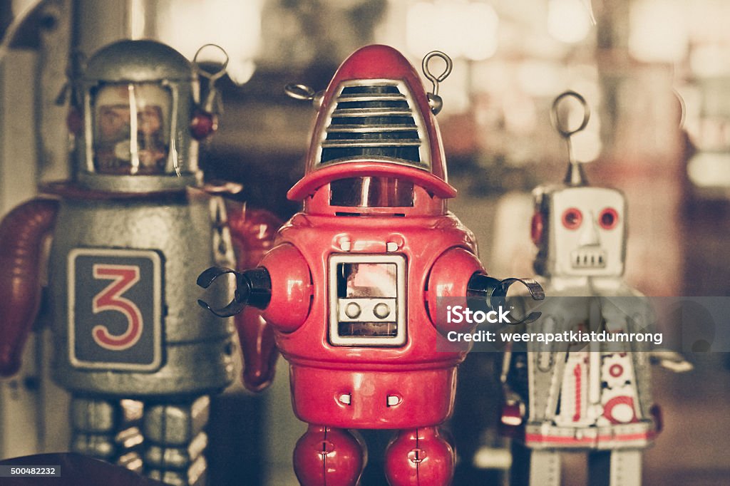 old classic tin robot toys The collection of old classic tin robot toys Retro Style Stock Photo