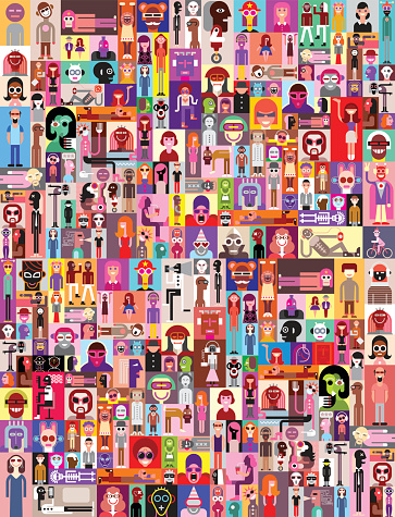 Large group of people. Art composition of abstract portraits - vector illustration.  Can be used as seamless background.