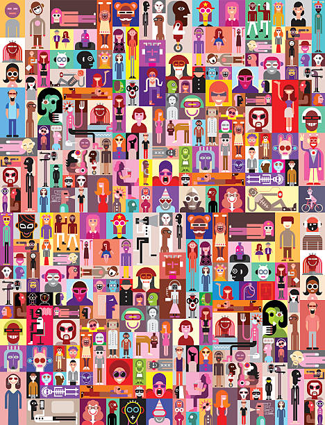 People Portraits Large group of people. Art composition of abstract portraits - vector illustration.  Can be used as seamless background. mosaic illustrations stock illustrations