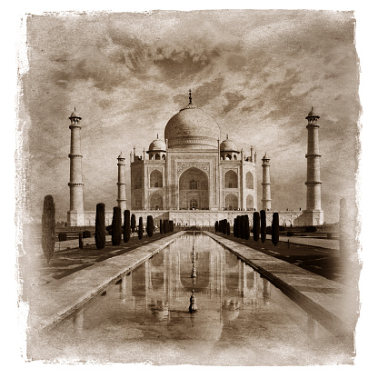 Taj Mahal in Agra, India , Vintage painting effect.