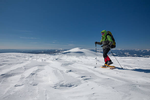 istock Hiker snowshoeing in winter mountains during sunny day 500485228