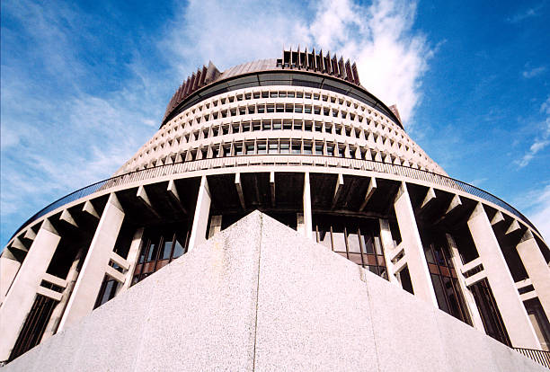 Wellington, New Zealand: the Beehive Wellington, North Island, New Zealand: 'the Beehive' - the Executive Wing of New Zealand's Parliament  - Lambton Quay beehive new zealand stock pictures, royalty-free photos & images