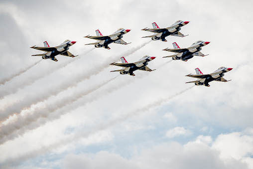 San Antonio, USA - October 31, 2015: United States Air Force F-16 Thunderbirds flying in formation