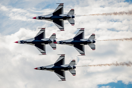 San Antonio, USA - October 31, 2015: United States Air Force F-16 Thunderbirds from below