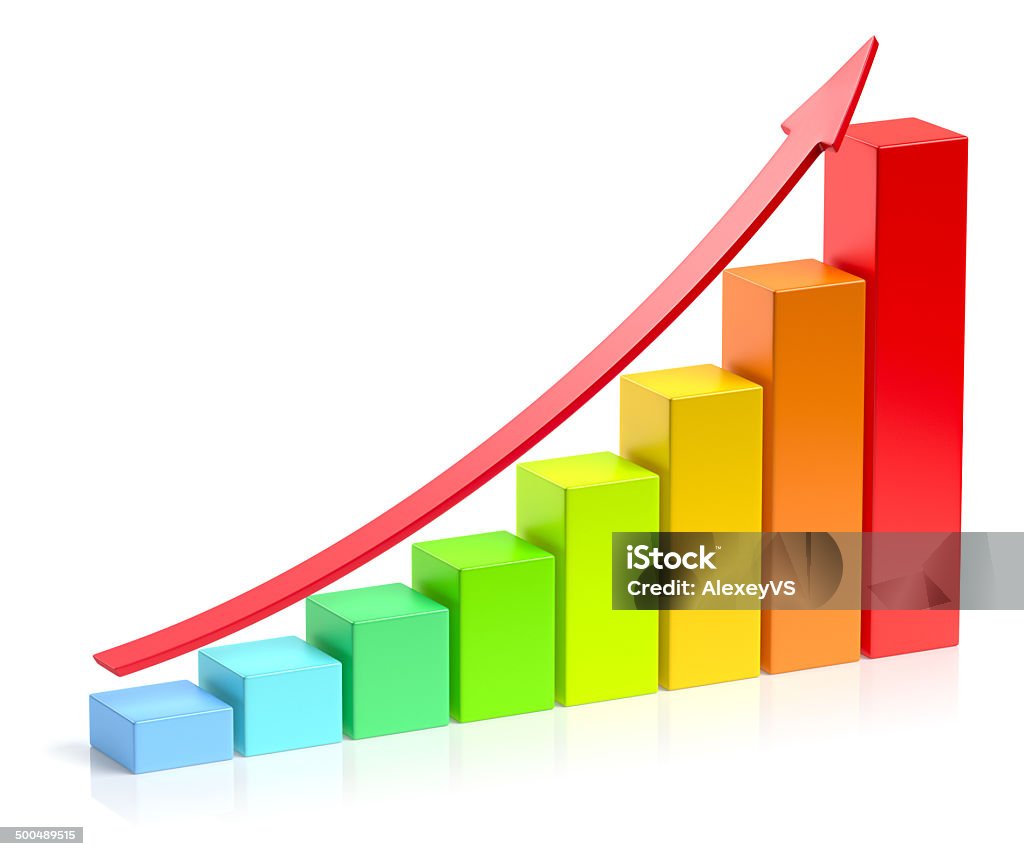 Growing colorful bar chart with red arrow business success conce Abstract creative statistics, financial growth, business success and development concept: growing colorful bar chart with red up arrow on white background with reflection, 3d illustration Business Stock Photo
