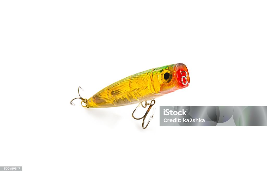 (Cartellino sporgente Popper esca da pescatore) isolato su sfondo bianco - Foto stock royalty-free di Accessorio personale