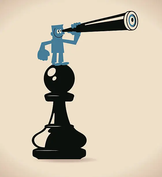 Vector illustration of Businessman standing on a pawn chess, looking through a telescope