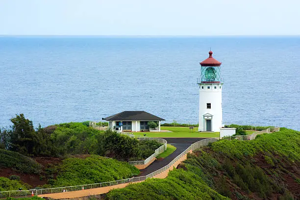 Photo of Kilauea Lighthouse on island of Kauai with Pacific Ocean