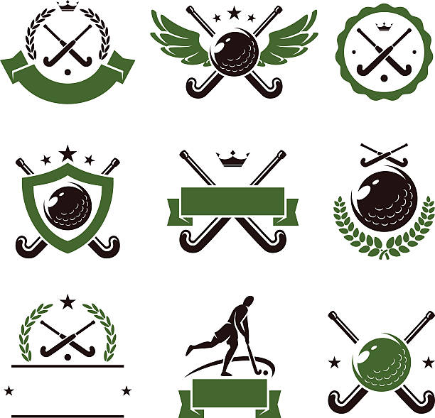 ilustraciones, imágenes clip art, dibujos animados e iconos de stock de campo de hockey etiquetas y los iconos conjunto.  vector - hockey sobre hierba