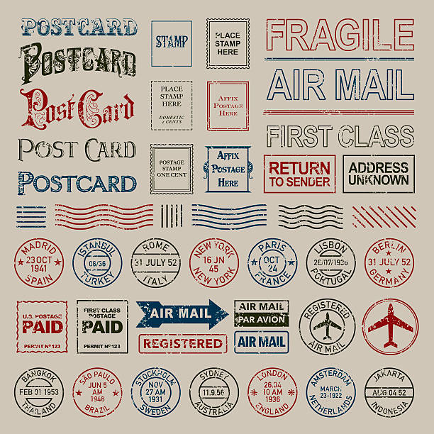 illustrazioni stock, clip art, cartoni animati e icone di tendenza di vintage set di timbro postale e francobolli postali - timbro postale