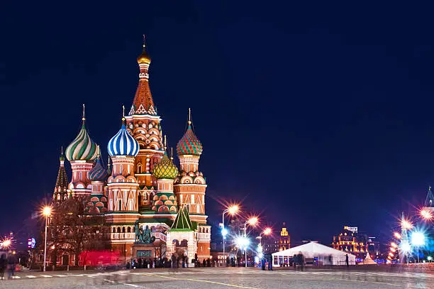 Red Square with St.Basil Cathedral in Moscow at night.