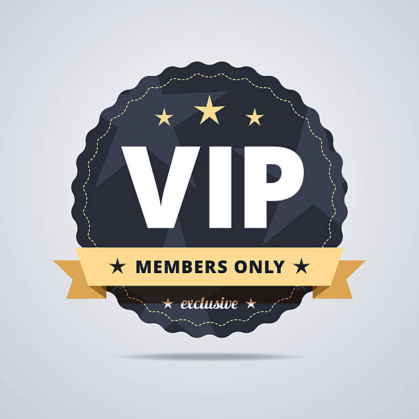 Round badge for VIP club members. Round badge for VIP club members. Dark blue medal with a star shapes and decorative ribbon. Vector illustration. entertainment club stock illustrations