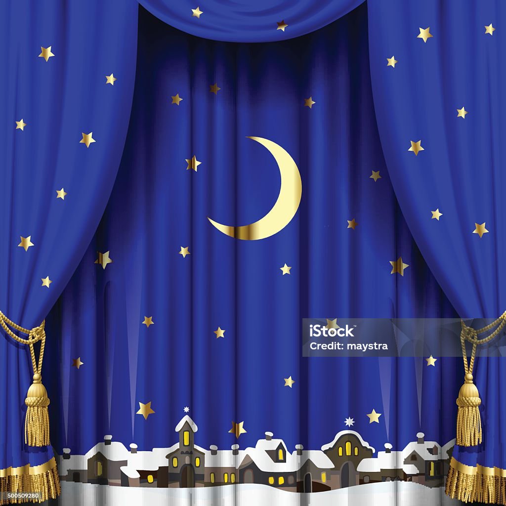 Christmas and New Year curtain Christmas and New Year blue curtain with a town skyline in snow down, gold moon and stars. Square theater and Christmas background. Artistic poster. Vector illustration. EPS10. Contains transparent objects used for shadows effects. Zip-file includes: AI (v.10 with transparent objects), JPEG (5000x5000) 2015 stock vector