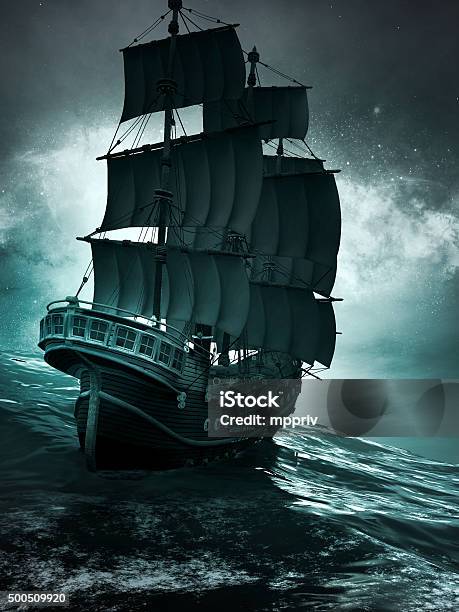 Night Scene With Old Ship Stock Photo - Download Image Now - Sailing Ship, Old, Storm