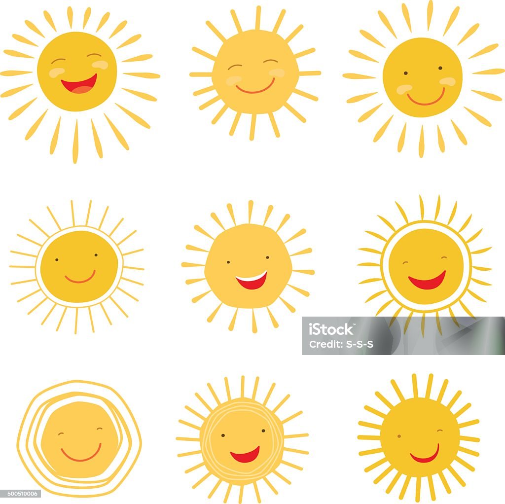 Cute hand drawn sun character vector collection Cute hand drawn sun character smiling and shining. Vector  icons collection. Child stock vector