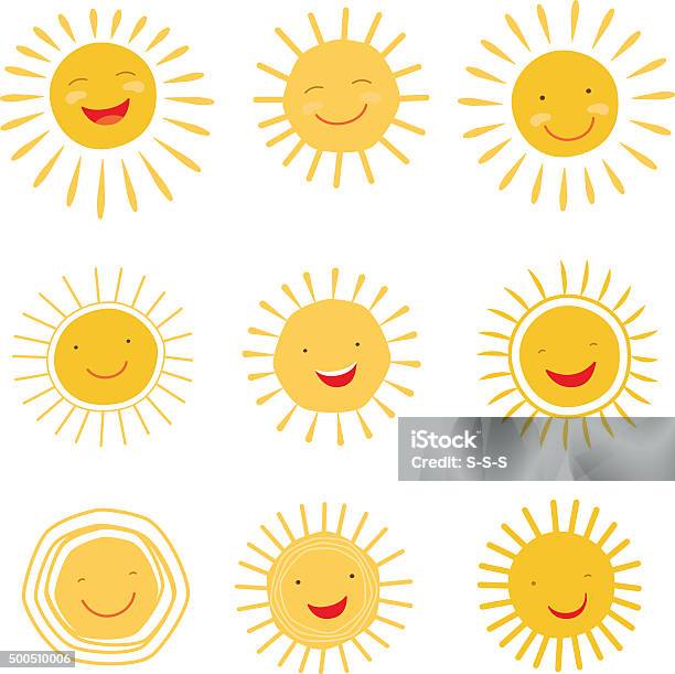 Cute Hand Drawn Sun Character Vector Collection Stock Illustration - Download Image Now - Child, Sun, Sunlight