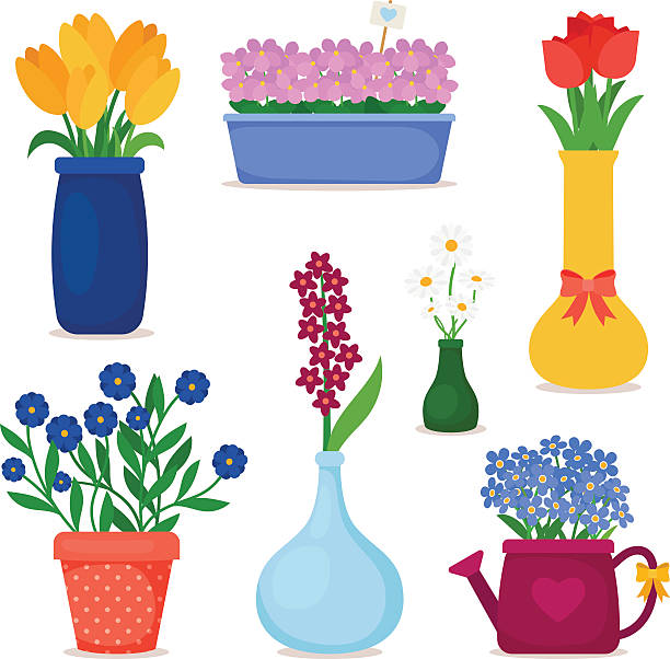 frühlingsblumen in töpfe und vase set - blumenvase stock-grafiken, -clipart, -cartoons und -symbole