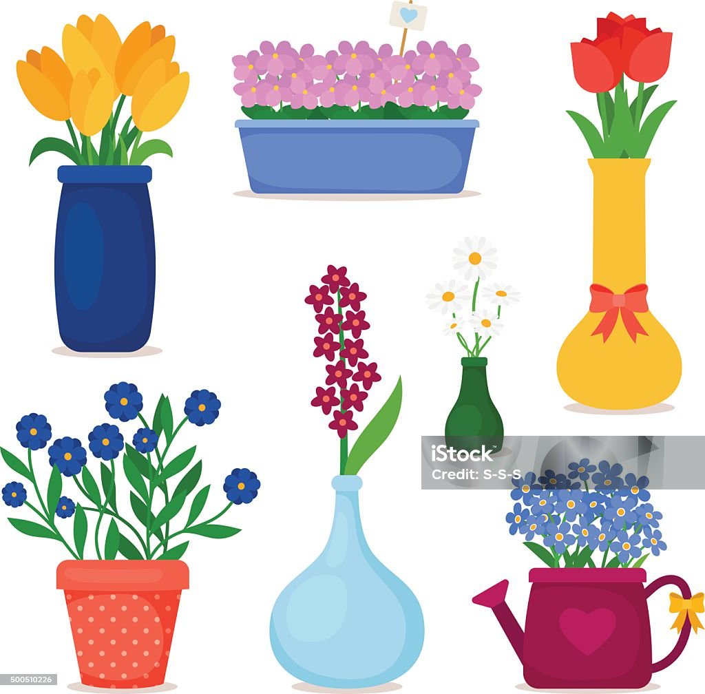 Spring flowers in pots and vase set Spring flowers in pots and flower in vase set.  Bouquet vector icons.  Vase stock vector