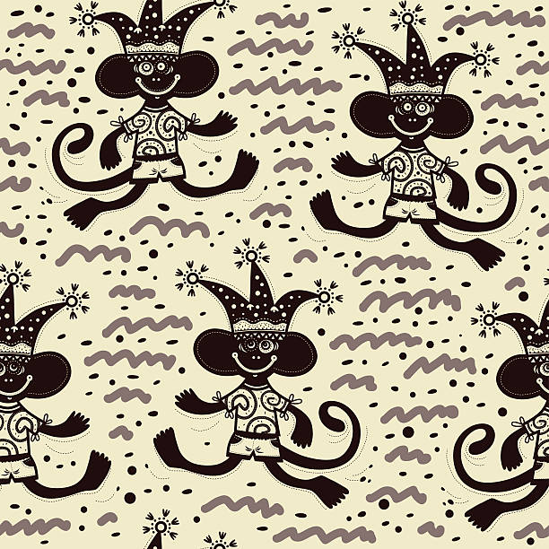 Black and white pattern with happy monkeys vector art illustration