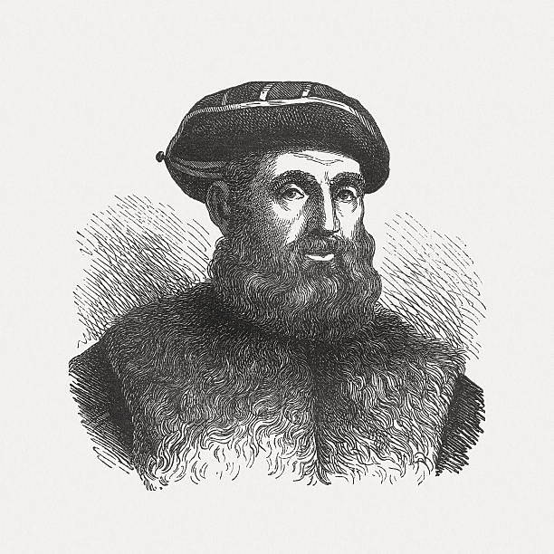 Ferdinand Magellan (1480-1521), Portuguese navigator, wood engraving, published in 1880 Ferdinand Magellan (1480 - 1521), Portuguese navigator who sailed on behalf of the Spanish crown. Magellan began the first circumnavigation of the globe, but could not finish them personally, as he was killed while traveling. Woodcut engraving, published in 1880. round the world travel stock illustrations