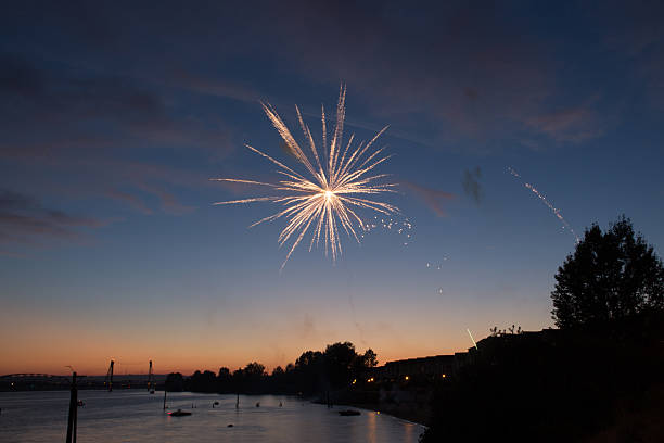 4° luglio i fuochi d'artificio. fuochi d'artificio su sfondo cielo scuro. - firework display celebration party fourth of july foto e immagini stock