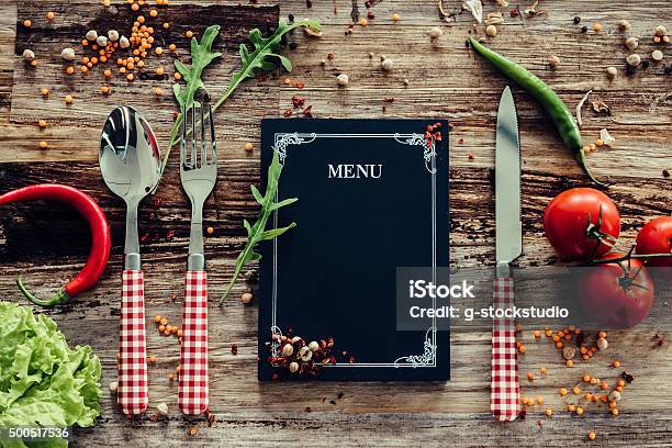 Restaurant Menu Stock Photo - Download Image Now - Chalkboard - Visual Aid, Fork, Kitchen Knife