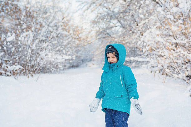 istock Cute little boy stands in winter forest 500518806