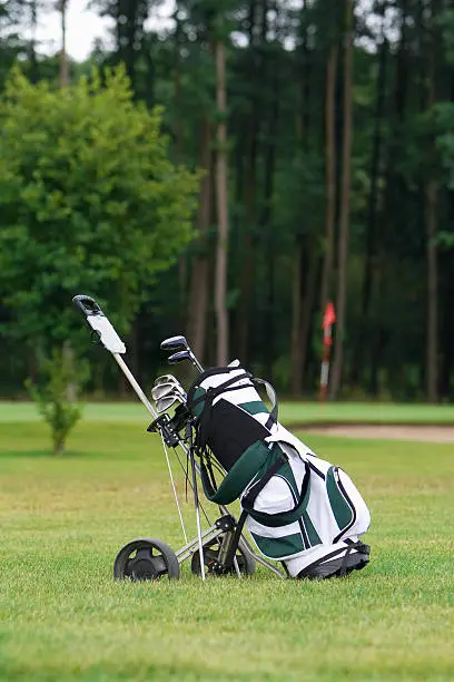 A golf bag on a golf field