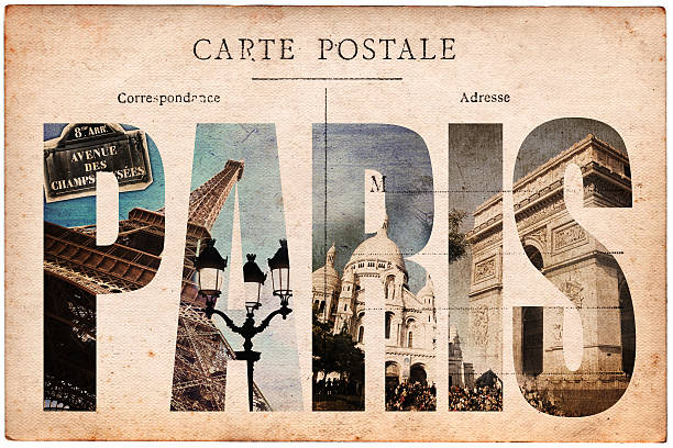 retro postkarte, buchstaben paris - frankreich fotos stock-fotos und bilder