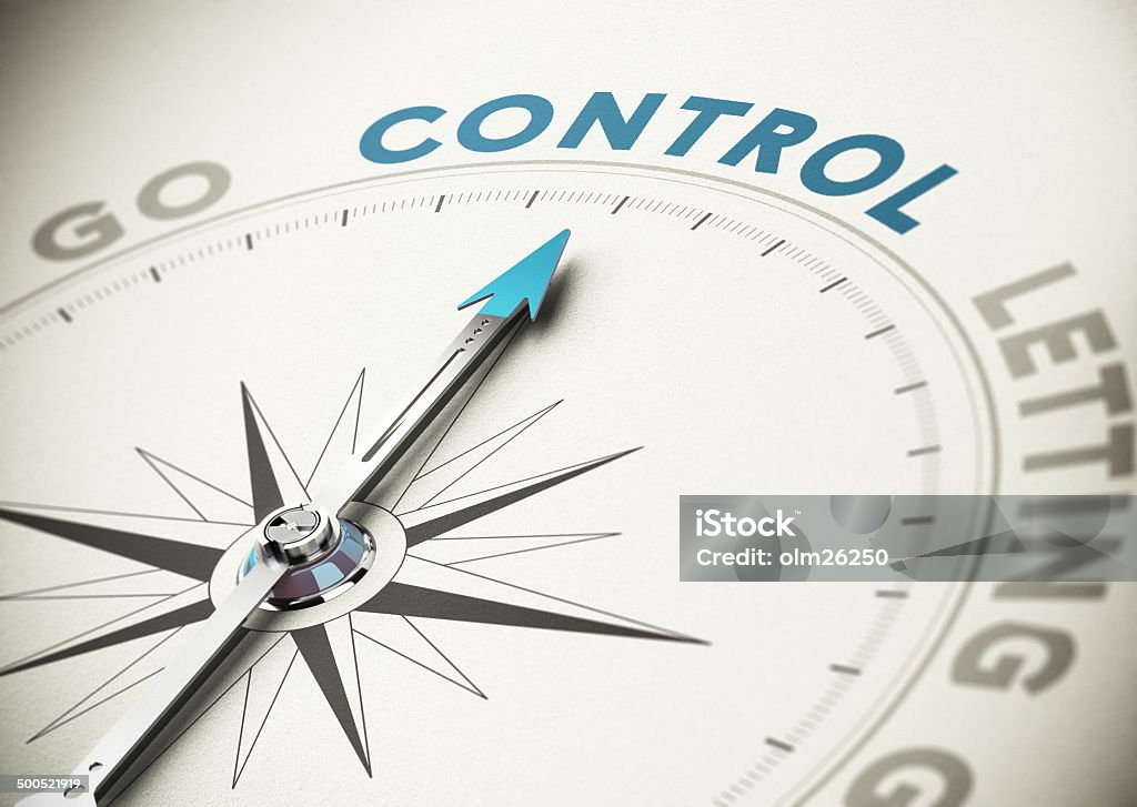 Self Control Psychology concept. Compass needle pointing the word control with blue and beige tones. Control Stock Photo