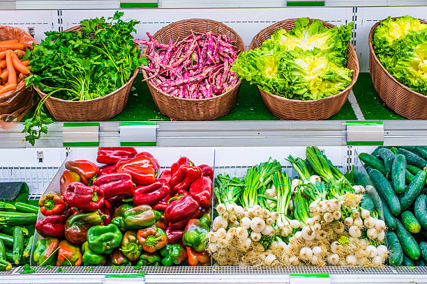 istock Fruits and vegetables on a supermarket shelf 500522653