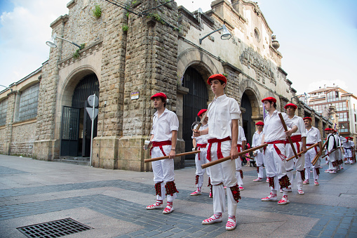 Durango, Vizcaya, Spain - 14th June 2014: Group of Basque dance parade to the square where will be the show