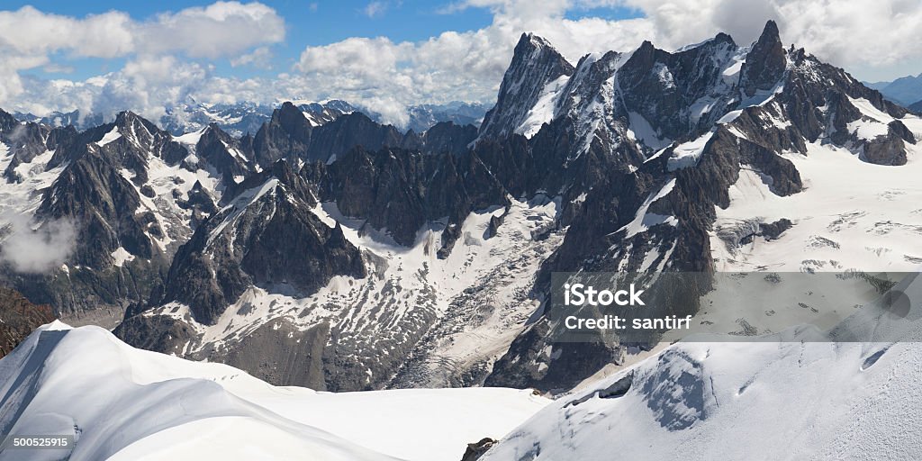 Grandes Jorasses from Aiguille du Midi Panorama of Grandes Jorasses from the summit of the Aiguille du Midi in the Mont Blanc massif, France. Aiguille de Midi Stock Photo