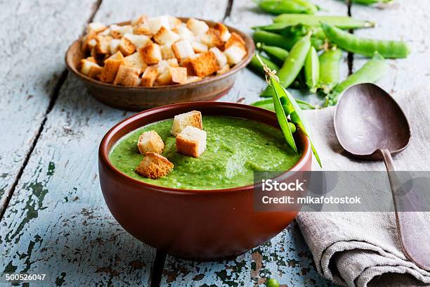 Puree Soup With Green Peas Stock Photo - Download Image Now - Appetizer, Bowl, Brown