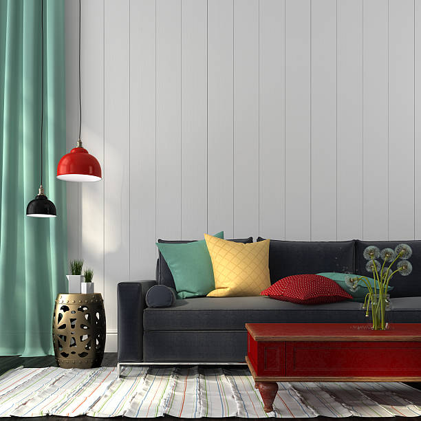 style bleu foncé intérieur avec un canapé et une table rouge - decor yellow white blue photos et images de collection