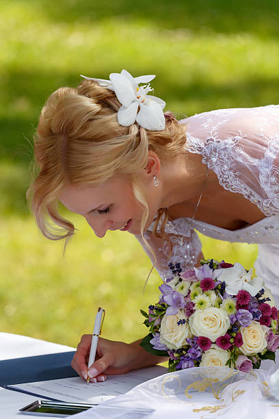 istock beautiful blonde smiling bride signed contract 500527781