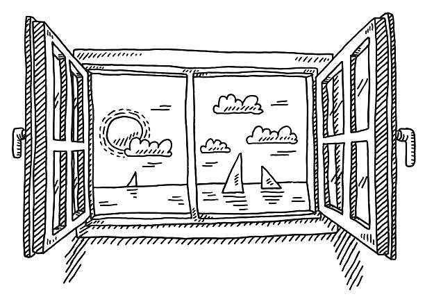 Open Window Looking To The Sea Drawing Hand-drawn vector drawing of an Open Window, Looking To The Sea. Black-and-White sketch on a transparent background (.eps-file). Included files are EPS (v10) and Hi-Res JPG. looking at view illustrations stock illustrations