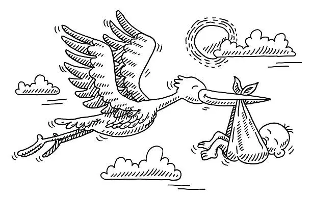Vector illustration of Stork Bird Birthday Baby Drawing