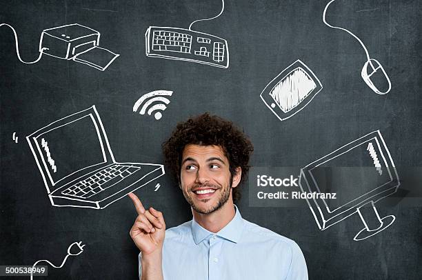 Happy Man With Computer Technology Stock Photo - Download Image Now - Contemplation, Digital Tablet, Intelligence