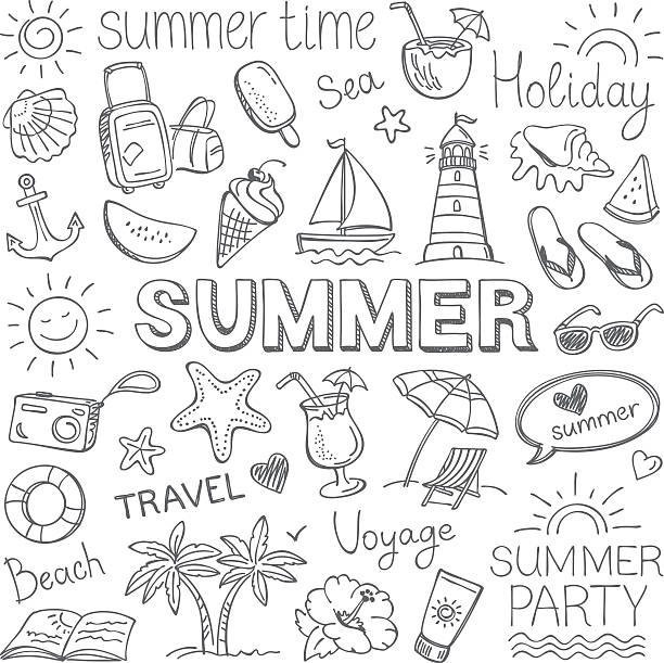 Summer Summer, pencil drawing. beach holidays stock illustrations