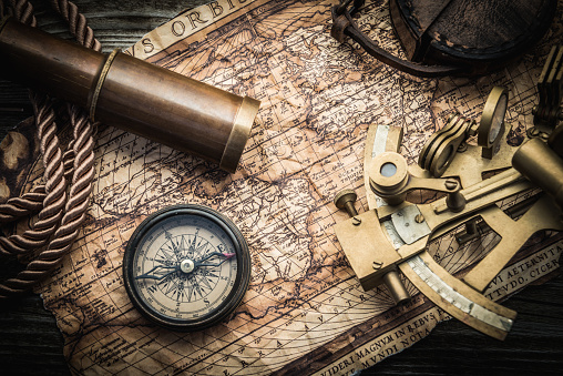 vintage marine  still life with compass and old map