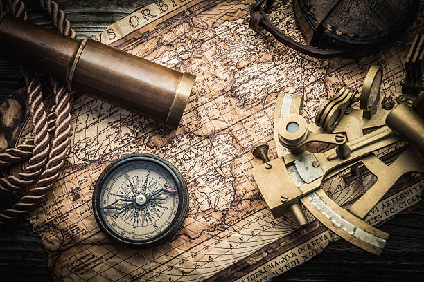 vintage marine still life vintage marine  still life with compass and old map telescope photos stock pictures, royalty-free photos & images