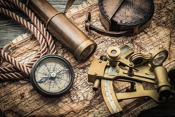 vintage marine  still life with compass and old map