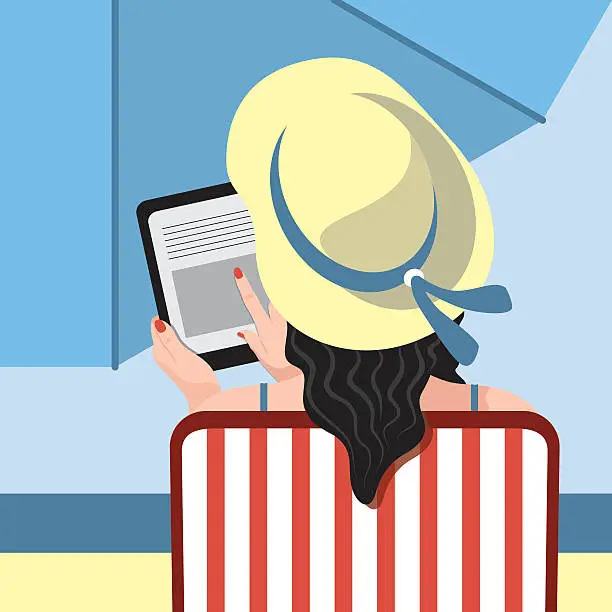 Vector illustration of woman using tablet on the beach