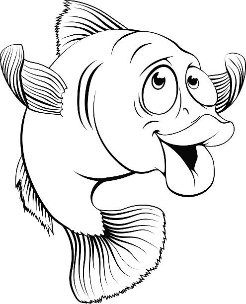 Cod fish cartoon An illustration of a happy cute cartoon cod fish in black and white cartoon of fish with lips stock illustrations