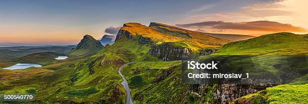 Quiraing Mountains Sunset At Isle Of Skye Scottland United Kingdom Stock Photo - Download Image Now