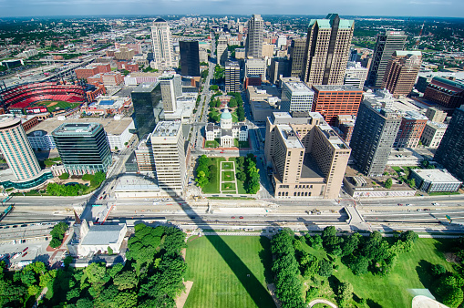 aerial of The Old Court House surrounded by downtown St. Louis