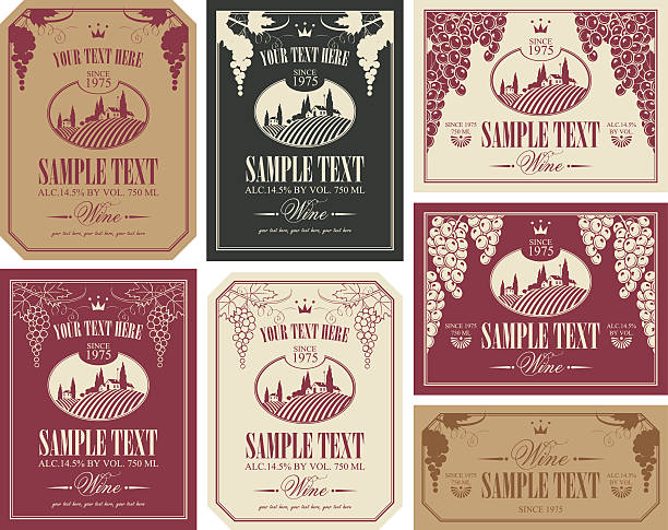 wine label set with a landscape of vineyards in retro style